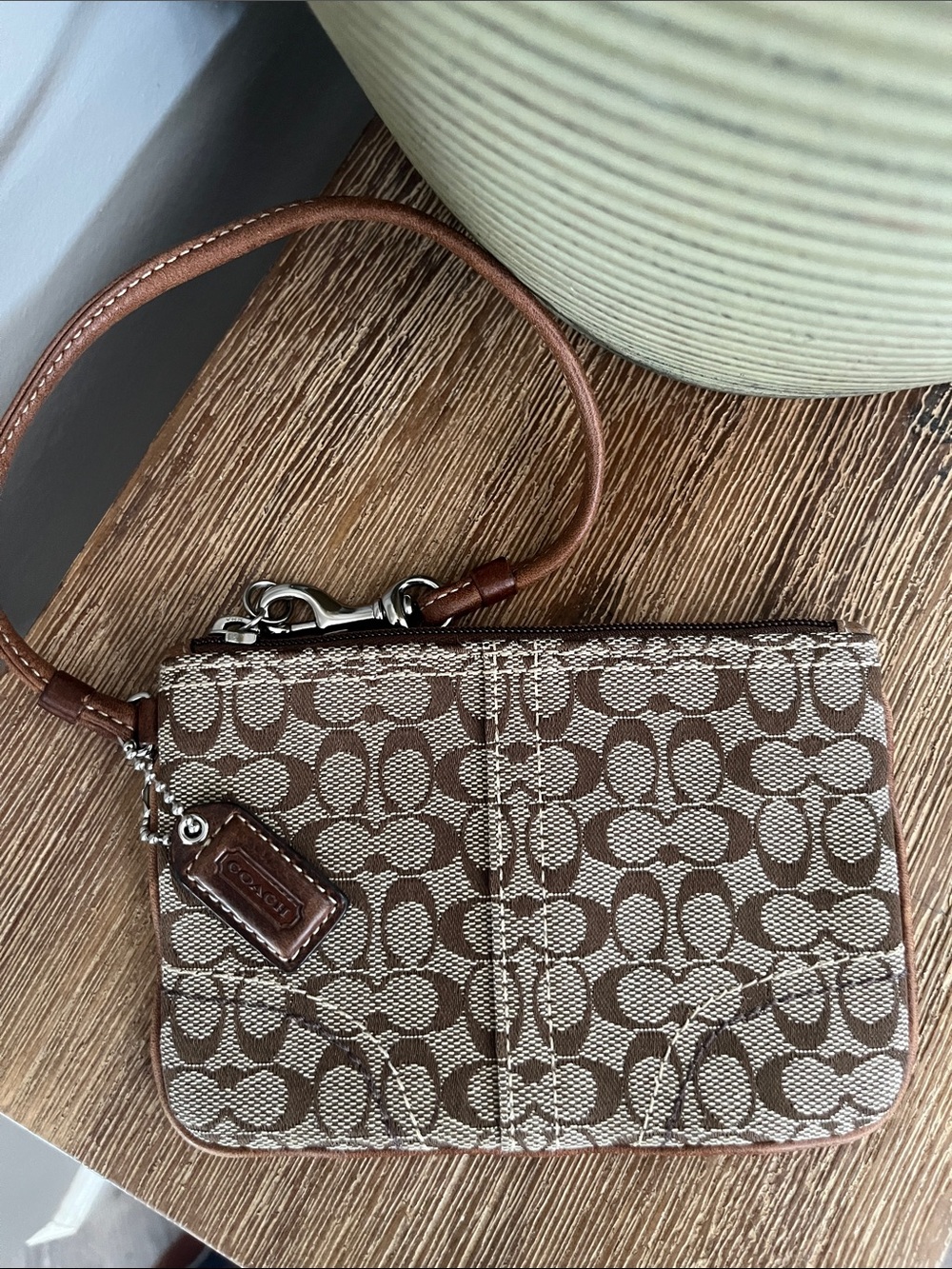 Coach Signature Canvas Wristlet in Brown and Cream